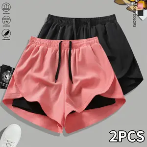 Pack of 2 women’s casual athletic shorts with lining, drawstring elastic waistband, solid color; suitable for outdoor sports, fitness running, yoga; women’s shorts, casual shorts, womenswear, summer clothing