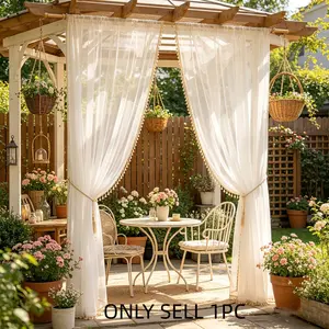 1pc Boho Style Outdoor Sheer Curtains, Lightweight Breathable Fabric, Elegant Lace Trim, Perfect for Patios, Gardens, Balconies, Spring Summer