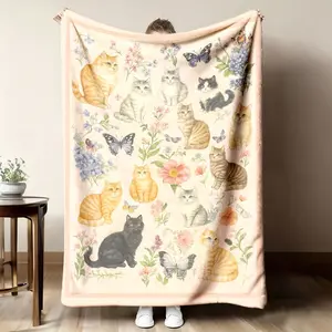 2026 New Arrivals 1pc Cozy Soft Fluffy Throw Blanket Light Pink Background with Cute Cats, Floral Patterns Plush Allseason Couch, Bed, Sofa Decor Perfect Gift for Cat Lovers Durable Polyester Flann