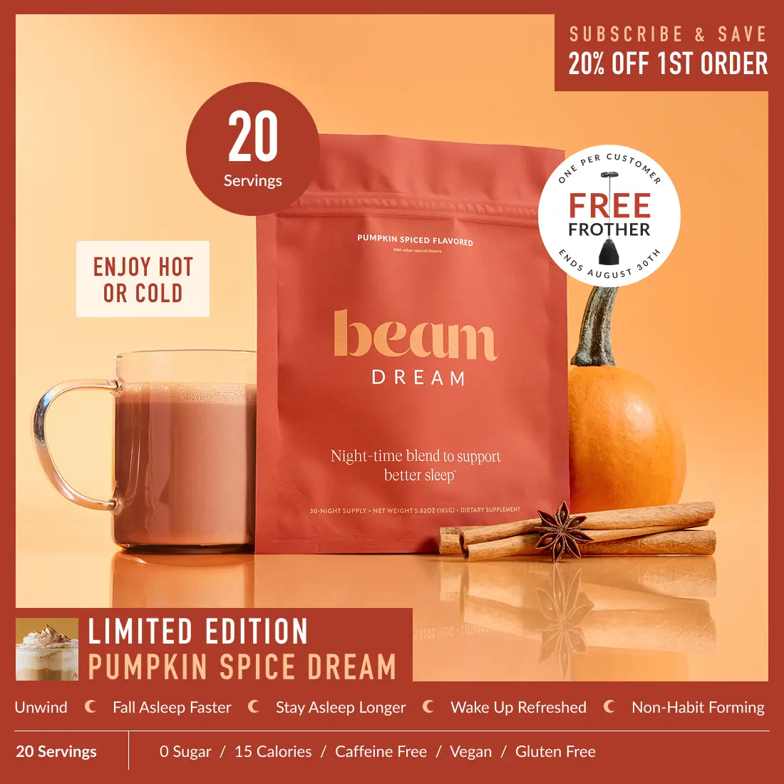 Beam Dream Viral Organic Nighttime Hot Cocoa Beverage - Melatonin Sleep Aid with L-Theanine & Magnesium, 20-30 Servings/Bag, 5 Flavors (Brownie Batter, Peanut, Caramel), Sugar Free, Gluten Free, Low Calories, Selfcare Wellness Supplement | Back to school