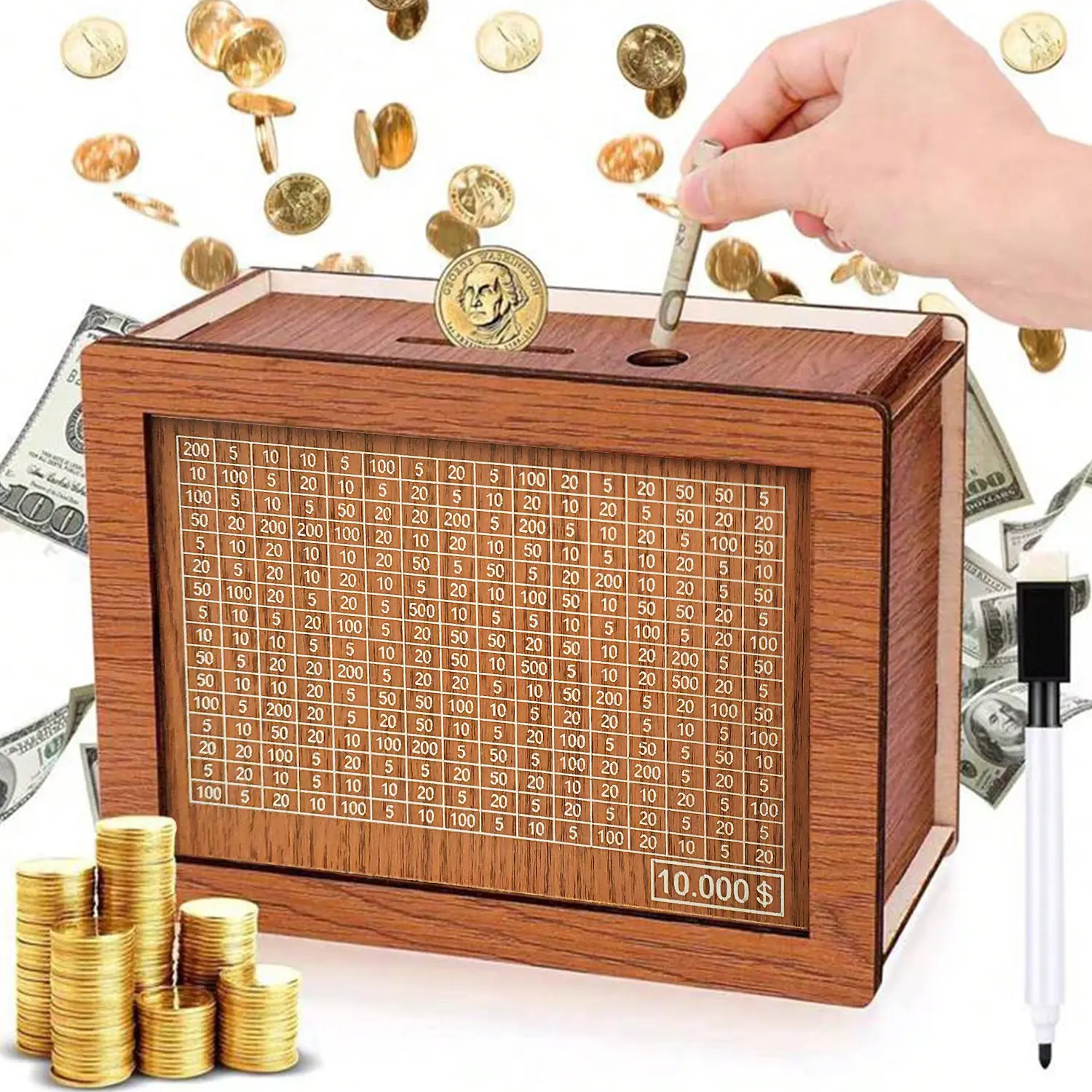 1000/10000 Dollars Savings Challenge Box, Cash Vault Wooden Savings Box for Kids & Adults, Savings Challenge Box Money Saving Box for Cash Coin, Birthday Piggy Bank Gifts Decor Decorative piggy bank Ornaments Decoration