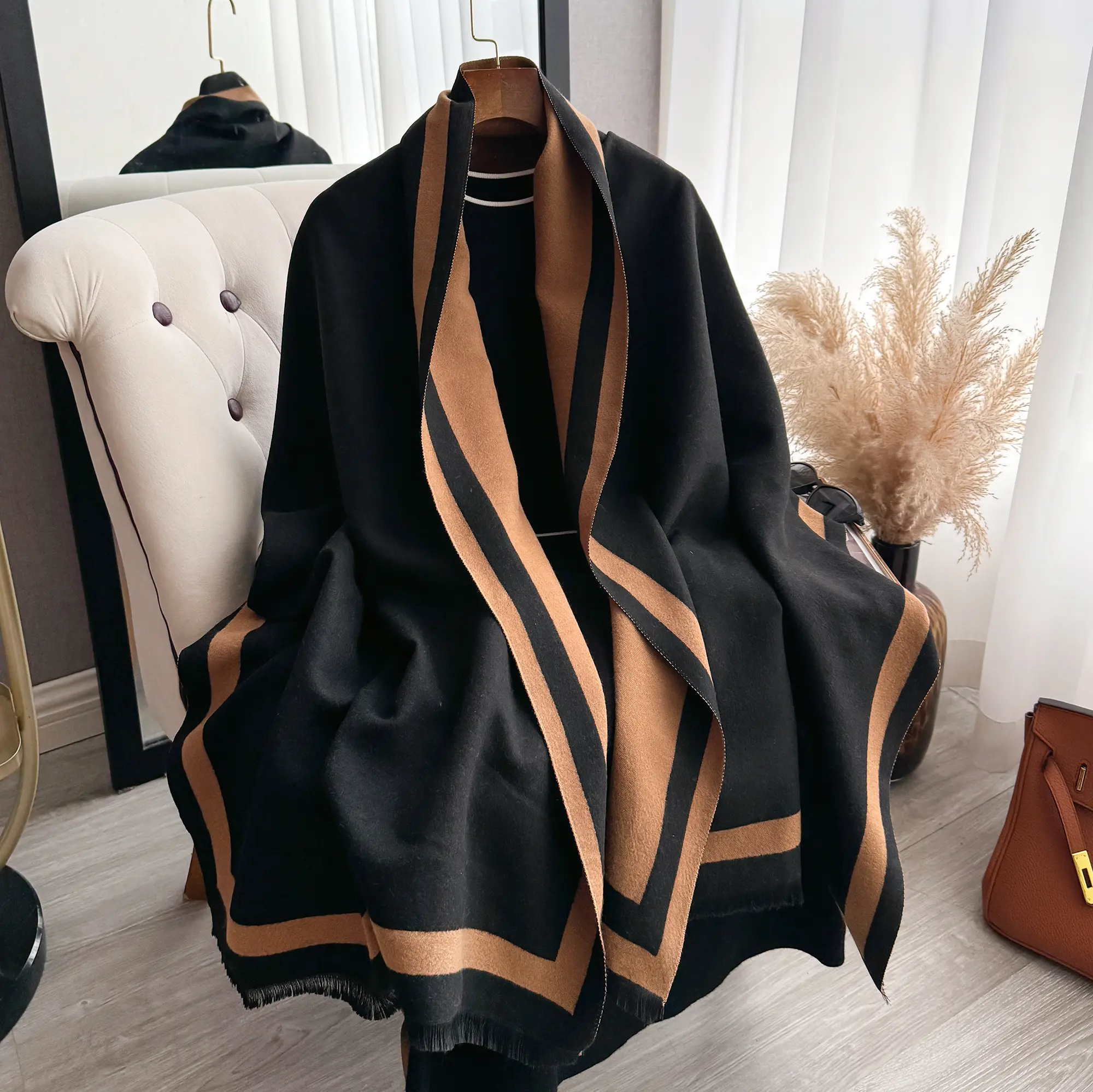 Minimalist Border Cashmere-Like Scarf - Reversible Oversized Shawl, Soft Warm Blanket Scarf for Fall Winter