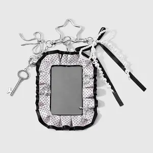 1 piece light luxury, stylish, sweet, versatile collegiate-style handmade beaded bracelet with faux pearls, polka dots, ribbon bows, sparkling rhinestones, heart charms, bow trim, acrylic card holder/case; DIY keychain and bag charm; suitable for office w