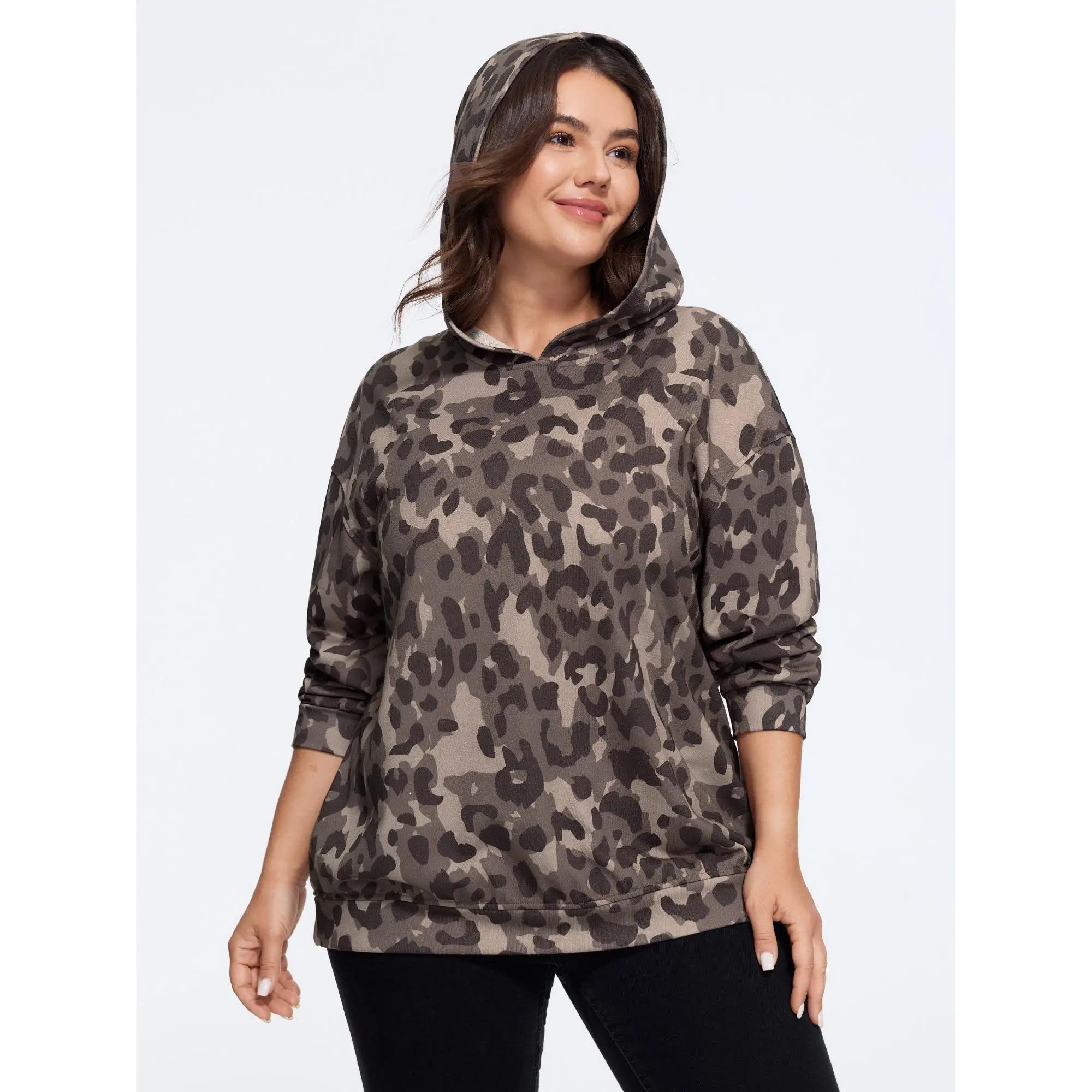 BLOOMCHIC Plus Size Leopard Print Drop Shoulder Hoodie Sweatshirt[M-6X] Summer Finds