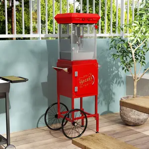 Popcorn Machine with Cart, with Wheels & 6 Oz Pot Popcorn Maker Stainless Steel Oil Spoon, Mobile Cart with Lockers for Commercial Home Movie Theater Vintage Style (Red)