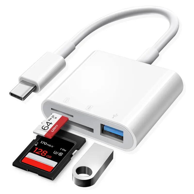 3-in-1 USB C OTG Adapter Multi-Port Hub with TF/SD/Micro Memory Card Reader, Type-C Input to USB A for iPhone 15 16 Samsung Devices, Camera Data Transfer Support for Outdoor Sports Use, Usb C Input, Compact Form