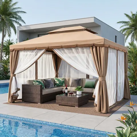 Grezone 13ft x 10ft Outdoor Patio Gazebo - Stable Iron Legs, Thick Frame, Detachable Shade Canopy, Mosquito Net, Curtains, Double-Tier Airflow & Ventilation Enhancement, UV Resistance, Circular Base, 6-8 Person Backyard Furniture Set, Assembly Required