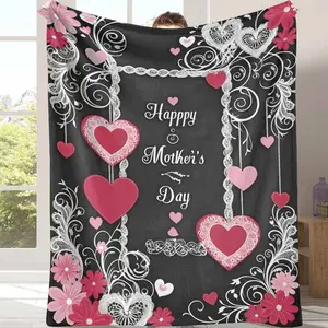 Mother’s Day Love Hearts and Floral Lace Pattern Flannel Blanket， Elegant Romantic Print， Soft Cozy Lightweight Warm Throw， Perfect for Bedroom Decor， Living Room Sofa， Gift for Mom， Holiday Celebration， Home Relaxation， Special Occasion Use