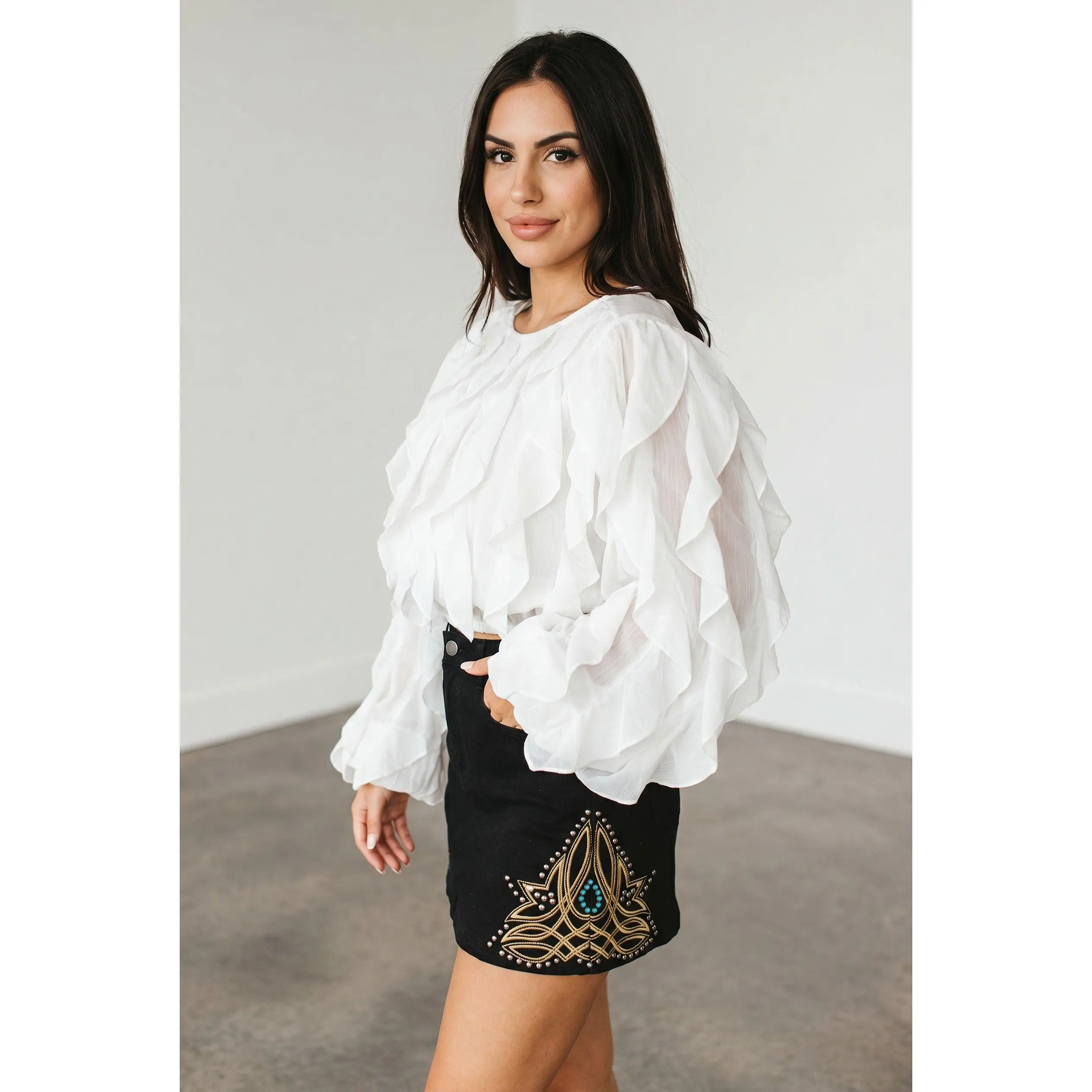 Ivory Cascade Ruffle Tie-Back Western Blouse