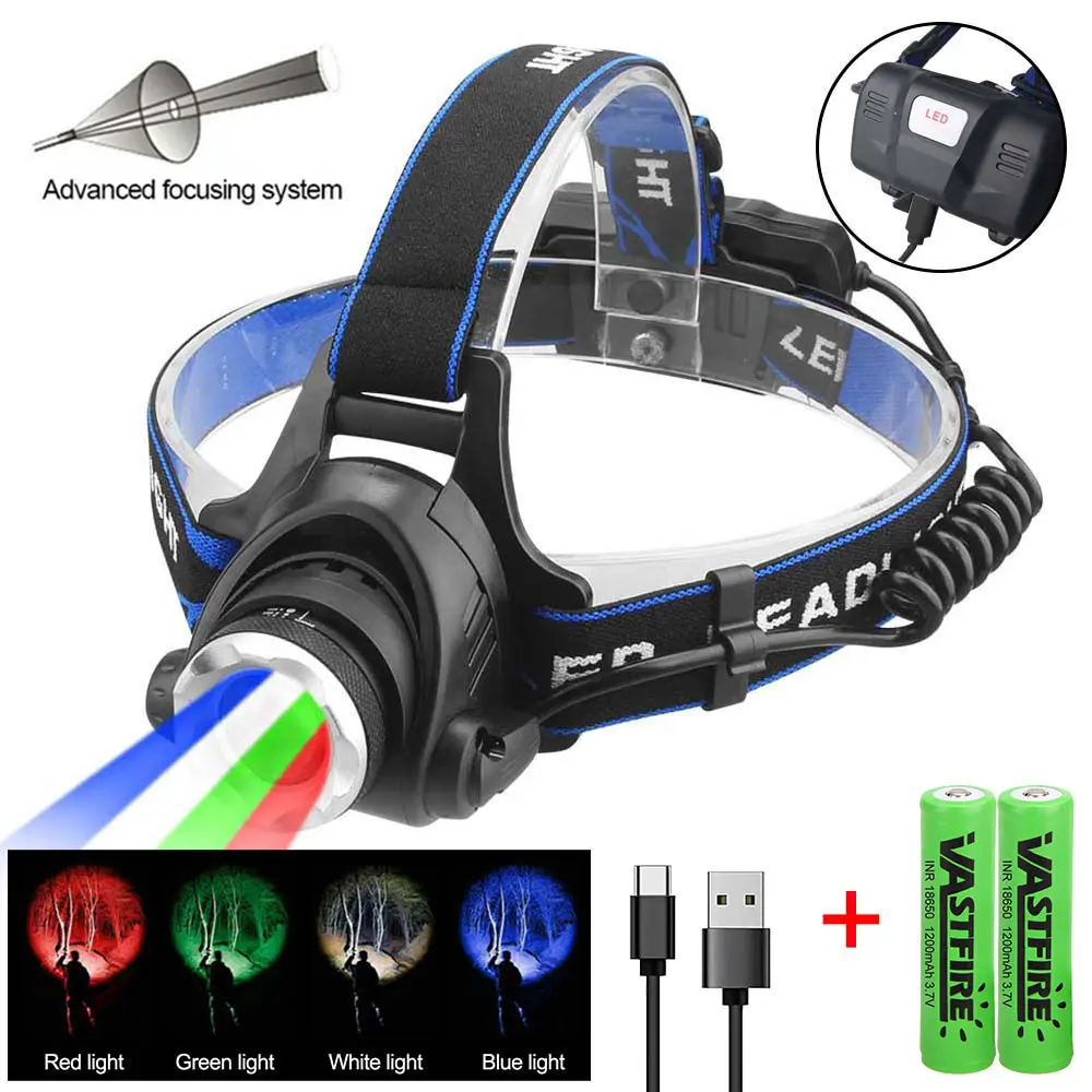 4 in 1 Rechargeable Head Torch Headlamp with Adjustable Beam - High Power LED 350 Lumen Flashlight with Red, Green, White, and Blue Light Modes, Includes 2x 18650 Batteries and USB Cable for Hunting, Camping, and Outdoor Adventures emergency gadget tiktok