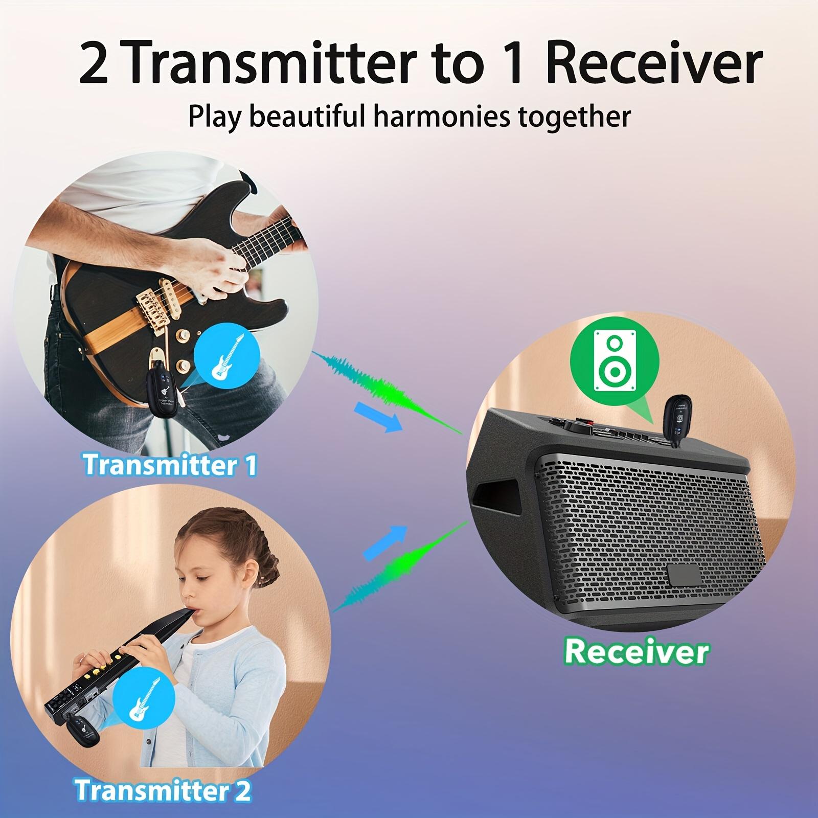 A8 Wireless Guitar System UHF 2 Modes, Rechargeable Li-Battery, 100ft Range, Plug & Play for Guitar, Bass, Violin, Keyboard - Black