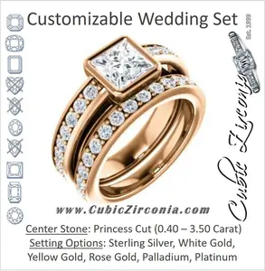 CZ Wedding Set, featuring The Racquel engagement ring (Customizable Cathedral-Bezel Princess Cut Design with Stackable Round-Accented Band)