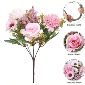 A bouquet of artificial roses and hydrangeas, Lifelike artificial flower, Artificial Flower Decoration, including pink roses, white daisies, and greenery, perfect for weddings, birthdays, Mother's Day, springtime glass vase centerpiece