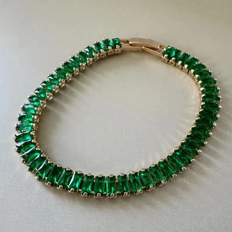 Emerald Bracelet, Green Baguette Tennis Bracelet, Gold Plated