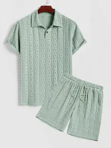 Men's Solid Color Eyelet Floral Jacquard Textured Polo Collar Half Buttoned Short Sleeves T-shirt And Drawstring Casual Shorts Set Clothes  men's 2 piece set Suits Tropical Shortsleeve Light Green casual outfit set Loose Fit Men's Summer Tracksuit formal