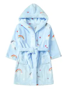 Kids Rainbow Unicorn Bathrobe - Cute Light Blue Hooded Fleece Robe for Toddler Girls Boys, Ultra Soft Plush Flannel Warm Sleepwear Loungewear with Pockets and Waist Belt, Cozy Nightwear Pajamas Magical Print Shower Gift