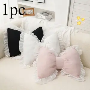 1pc Throw Pillow Cute Butterfly Knot Lace Edge Backrest , Soft Polyester Fabric, Comfortable Breathable Lumbar Support, Living Room Bedroom Seat Cushion