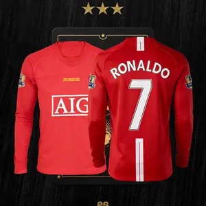 07 08 Long Sleeve CR7 Ronaldo Home Retro Soccer Jersey Red Fans Version