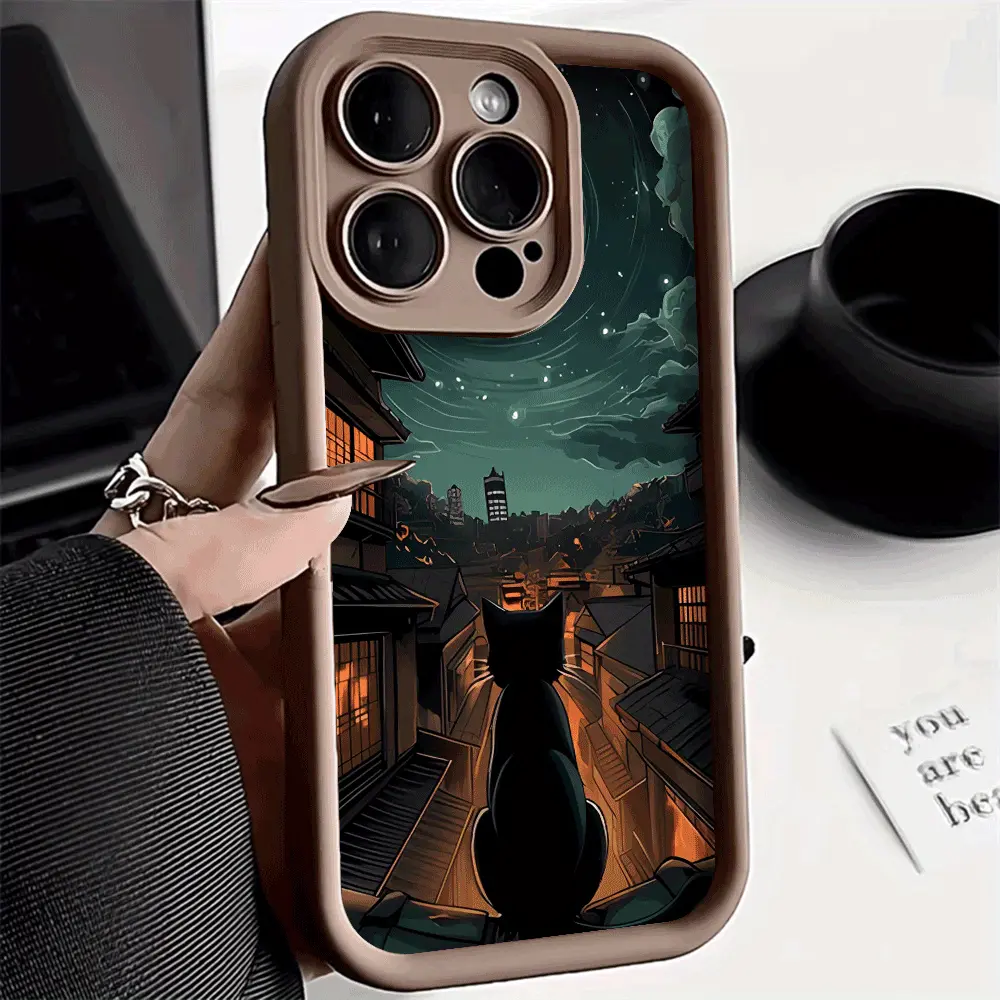 Lonely Black Cat Night Scene Silicone Smartphone Case - TPU Lens Protector, Shockproof Durable Soft Cover with 2D Pattern, Compatible with iPhone 17 Pro Max 16 16e 15 14 Plus 13 12 Mini 11 X XS, Ideal Handheld Cellphone Devices Accessory Gift