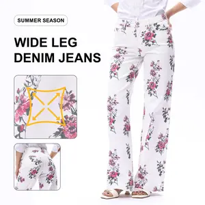ONESO Women's Colors Pattern Print Wide Leg Jeans Mid Rise High Stretchy Denim Pants Five Pocket Construction Denim Back Panel Featuring Asymmetrical Cut Lines Casual Style Summer Street Outfits #SummerVibes