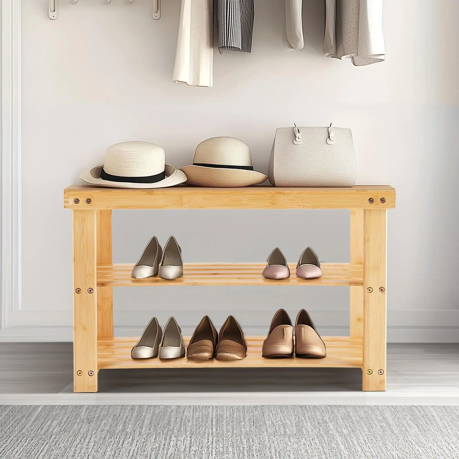3-Tier Bamboo Shoe Rack Bench, Compact Storage Organizer, 286lb Capacity, Suitable For Entryway Bedroom Living Room Balcony, Brown, Dimensions 11.3 X 27.6 X 17.8 Inches, Wood, Brown And Black Color