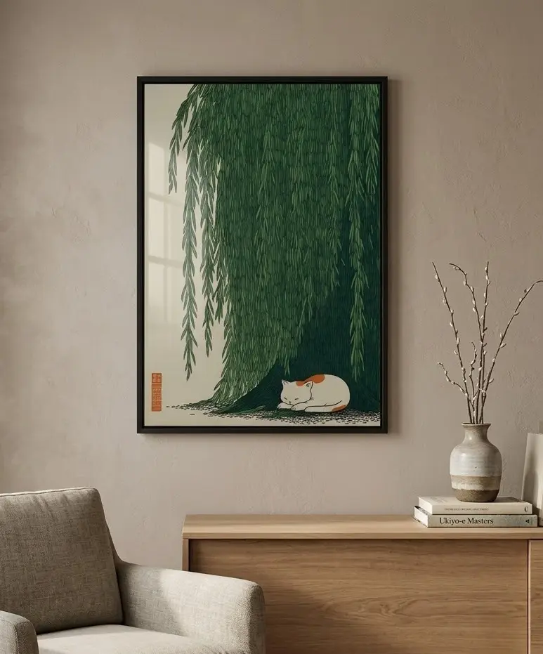 Artistic Traditional Motif Japanese Ukiyo-e Vintage Woodblock Print Canvas Wall Art - Sleeping Calico Cat Under Weeping Willow, Animals Wall Picture Decor, Soothing Home Supplies, Ukiyo-E Print