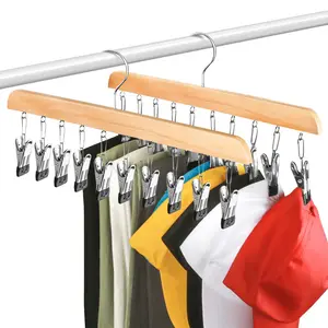 Home goods: Closet storage pants rack with 10 clips, 2-piece wooden yoga pants rack can hold 20 pairs of leggings, space-saving hanging closet organizer with rubber coating, used for storing bras, belts, socks, hats, and other clothing items