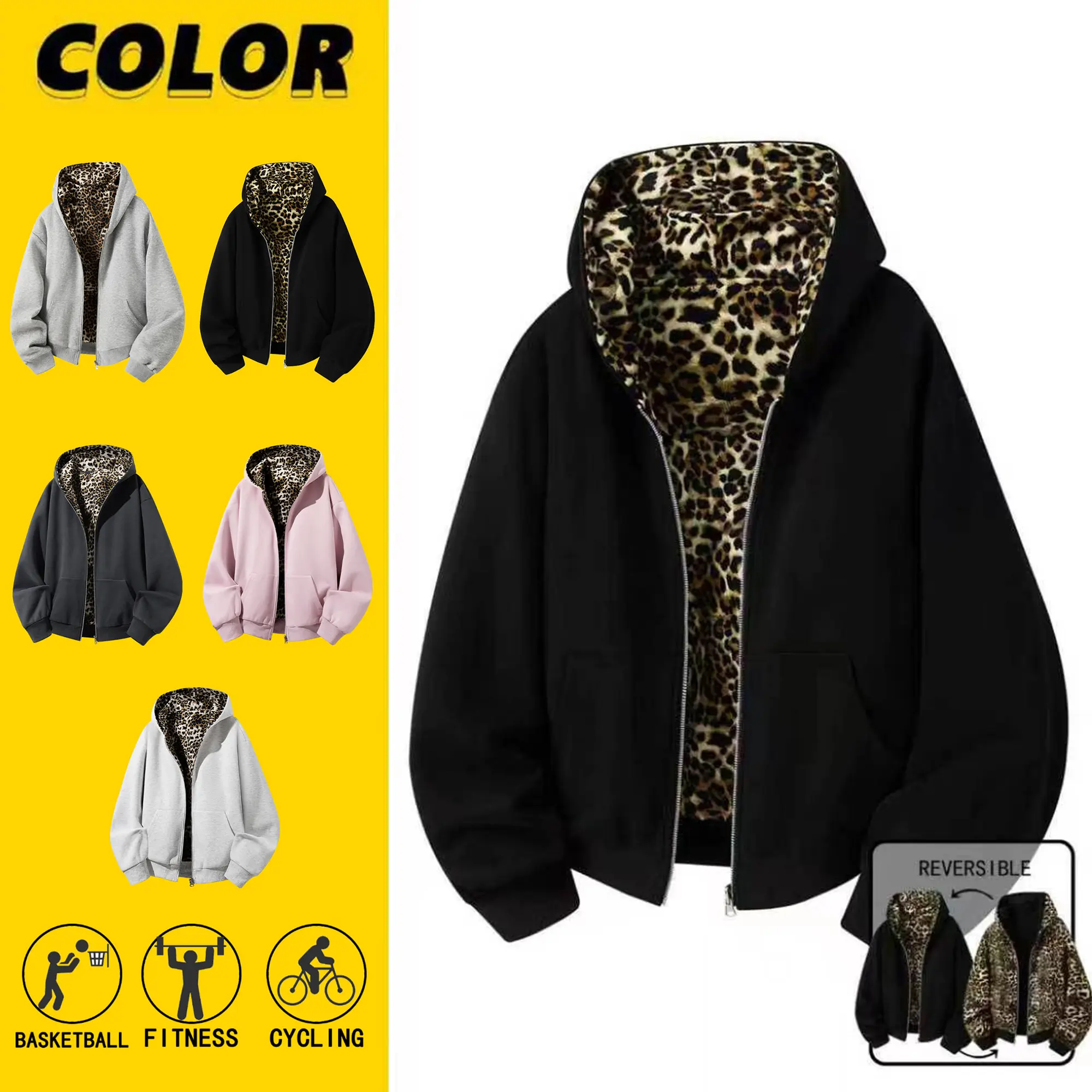 Men’s cotton-blend leopard print zip-up hoodie, couples’ reversible sweatshirt jacket suitable for everyday wear, streetwear, sports, and work.
