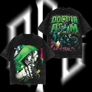 SuperStyle Dr.Doom "The Masked Tyrant" MCU Edition Oversize Seamless Soft Shortsleeve Cotton T-Shirt, Double-Printed Acid-Washed Lightweight Apparel, Round Neck Black Comic Superhero TV Series Graphic Streetwear (Menswear)
