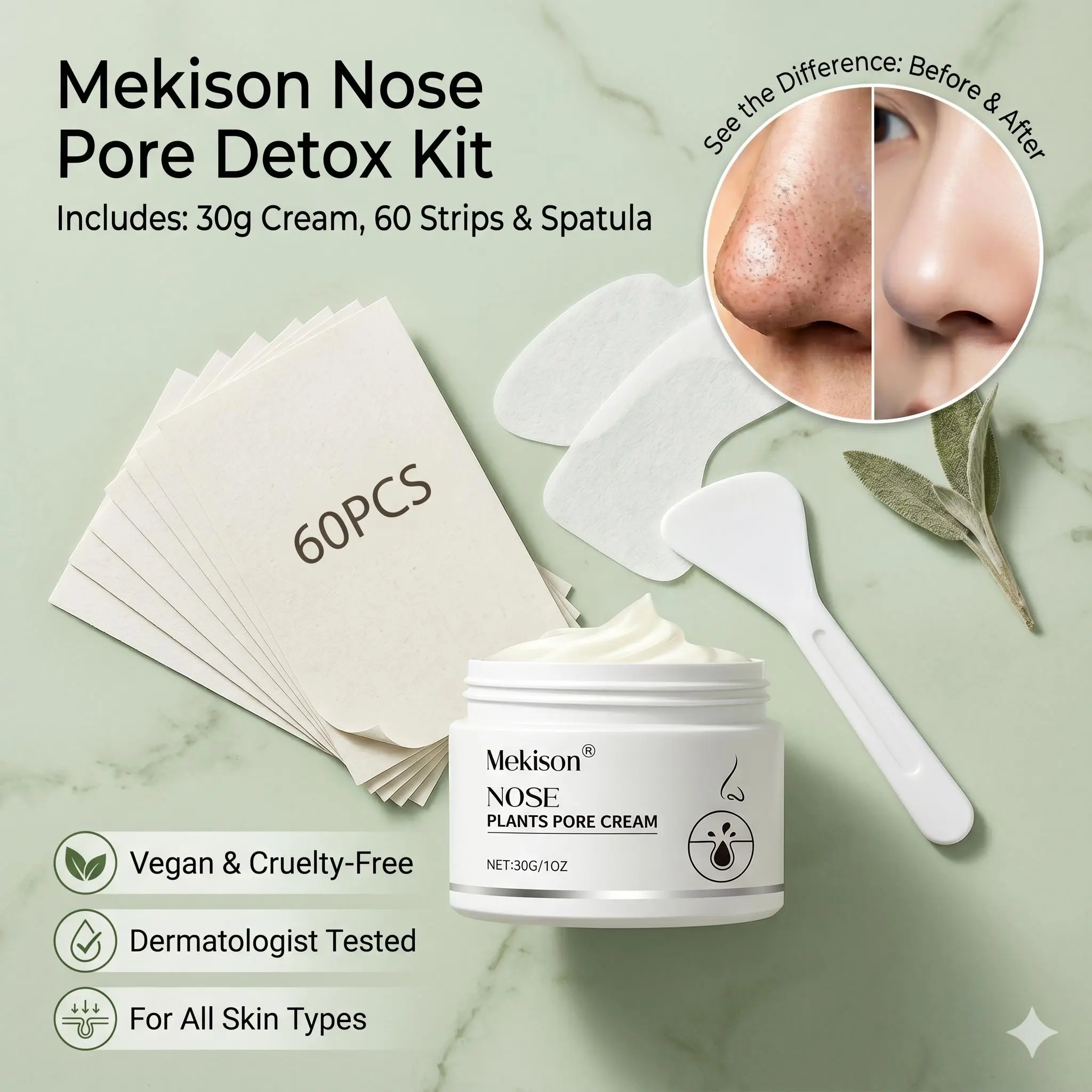 Blackhead Removal Kit - 30g Peel-Off Deep Pore Cleansing Face Mask with 2% BHA, Amazonian White Clay & Aloe Vera, 60 Strips, Hydrating Treatment for Forehead & Nose