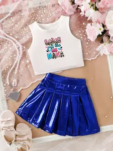 Girls' Summer Sleeveless Tank Top Set, Sassy Letter Print, Leopard Pattern, Loose Fit, Casual Style, Perfect for Outdoor Activities, Skirt Set