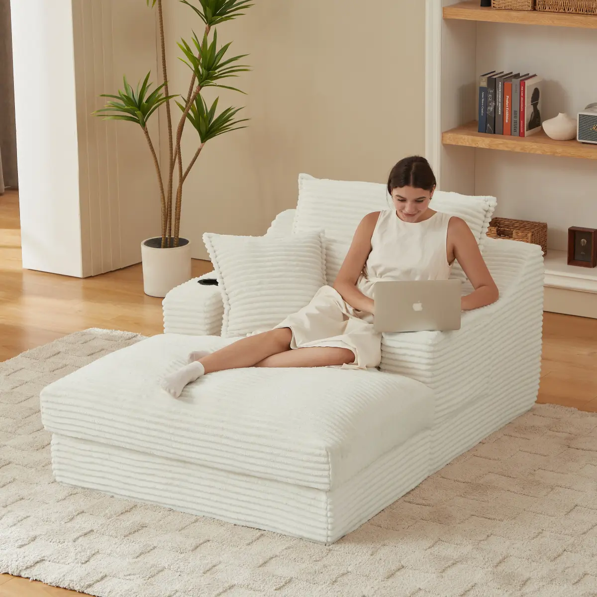 Oversized Chaise Lounge Chair Indoor, 47.2"W Corduroy Upholstered Fluffy Comfy Boneless Chair with Cup Holders&Side Pockets,Cloud Couch Sleeper Sofa Bed Chair for Living Room,Bedroom,No Assembly (Beige)