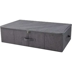 Underbed Storage Boxes for Bedding Garment Duvets Blankets Shoes Folding Fabric Rigid Under bed Storage Bins with Zip Lid Washable Black Gray