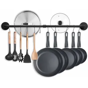 38.5 inch Pot Rack Wall Mounted Detachable Pan Rack Organizer Industrial Pipe Hanging Rail Lids Utensils Hanger Holder for Kitchen with 10 S Hooks, Black…