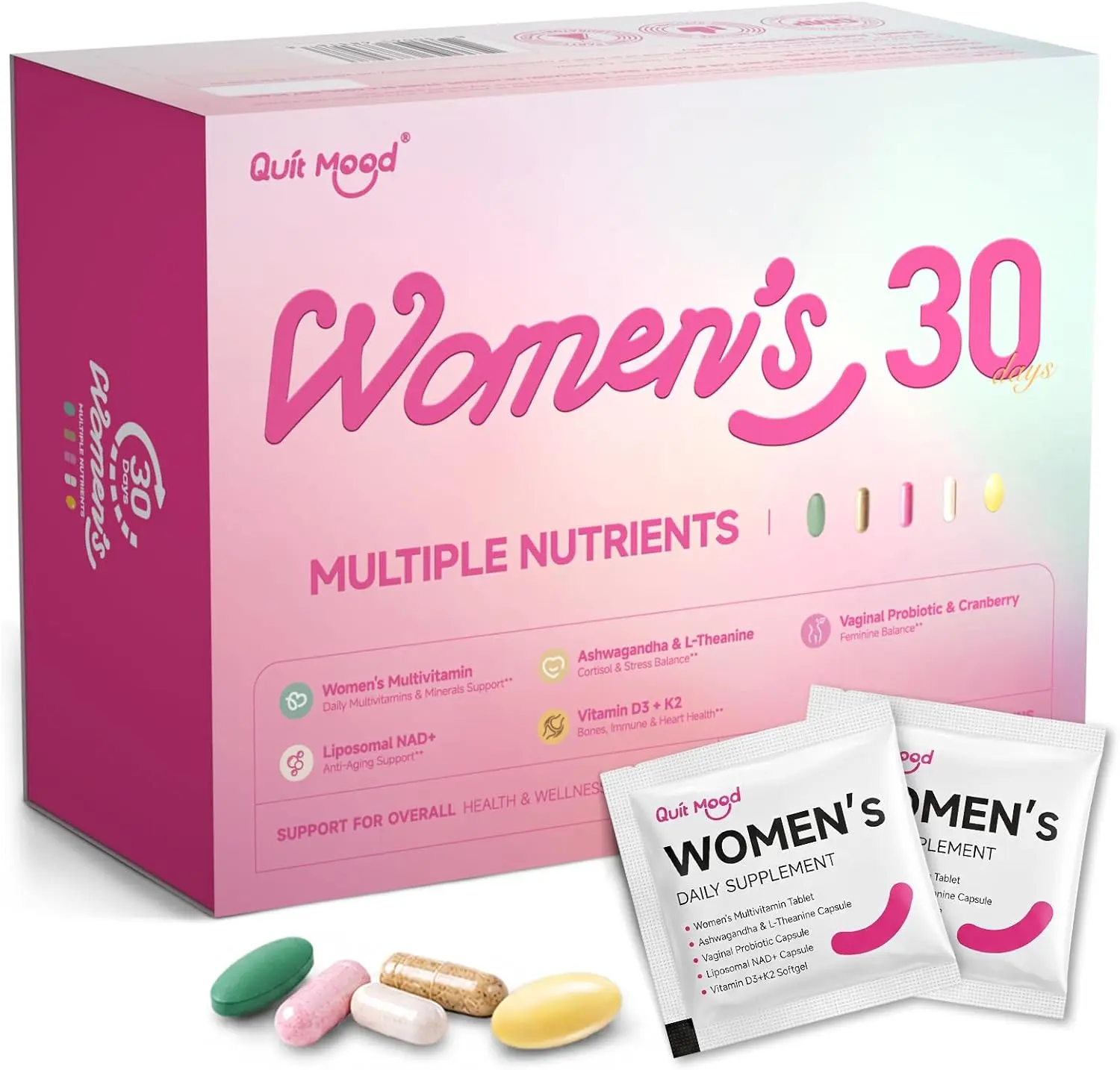 Multivitamin for Women 30+ with D3+K2, Probiotics & NR | Daily Vitamin Packs with Ashwagandha & L-Theanine, Portable Packs for Energy, Gut Health, Bone Support, 30 Day Supply