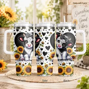 GuLuBoo Highland Cow Baby Cow Vacuum Flasks 40oz Stainless Steel Insulated Tumbler, Leak-proof Travel Mug with Straw, Portable Water Bottle for Coffee, Gym & Office, Creative Drinkware Cup Ideal Holiday Gift