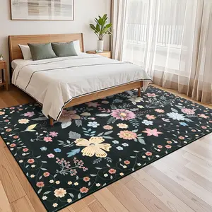 5x7 Kitchen Runner Floral Rug Runners for Hallway Bedroom,Soft Ultra-Thin Indoor Low Pile Flower Carpet with Non Slip Backing,Black