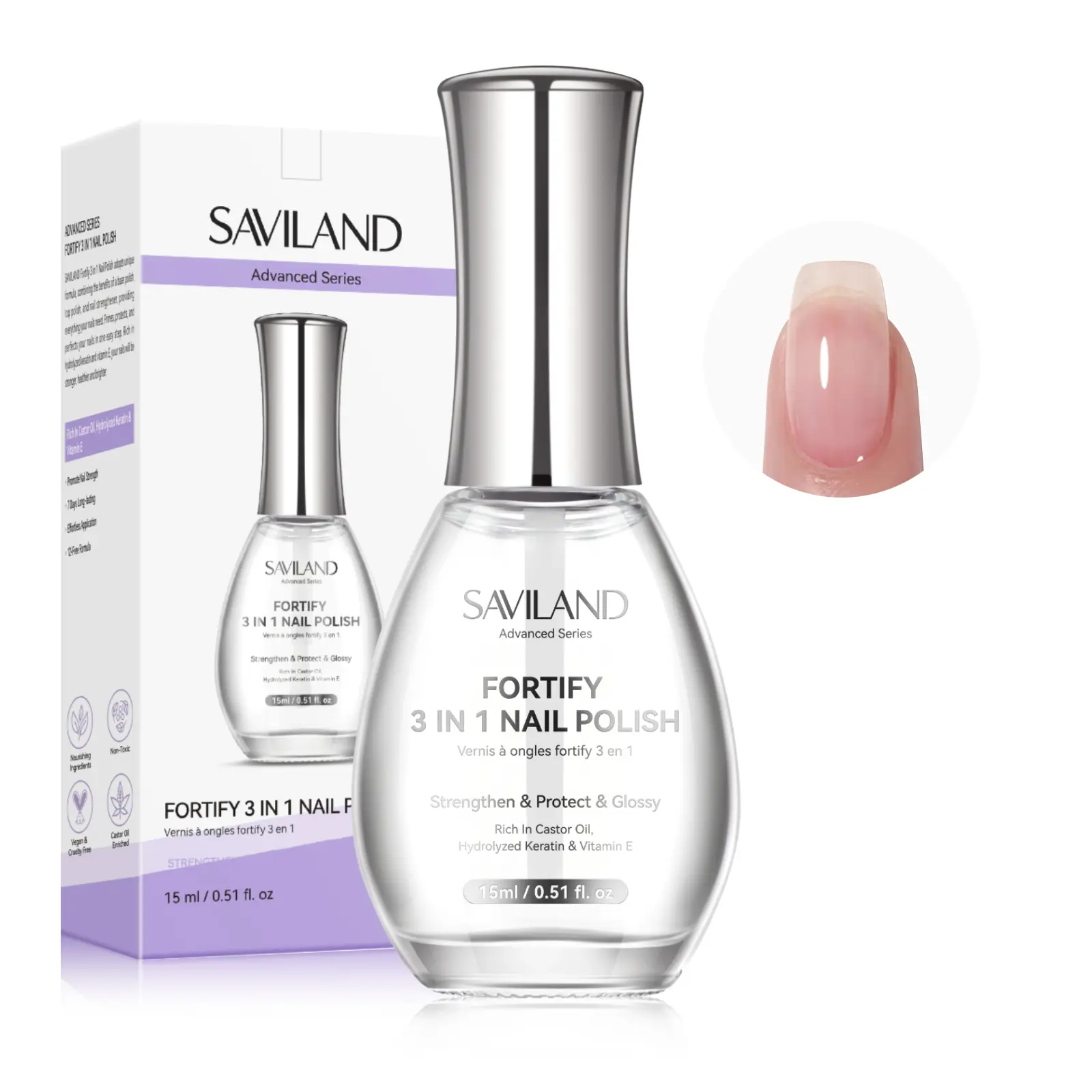 SAVILAND 3-in-1 Base Coat, Top Coat & Nail Strengthener – 15ml Quick-Dry Clear Nail Polish for Damaged Nails, Glossy Finish, Nail Treatment & Growth Support, Ideal Gift for Women