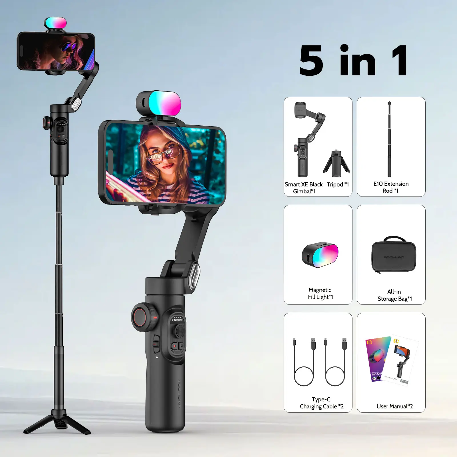Aochuan Smart XE Combo 1 Professional Gimbal Tripod Stabilizer Set - EU Type, Built-in Batteries, Advanced Anti-Shake, Long Battery Life, Multi-Scene Compatibility, Tripod for iPhone/Android Phones, Selfies, Vlogging, Travel Gadgets