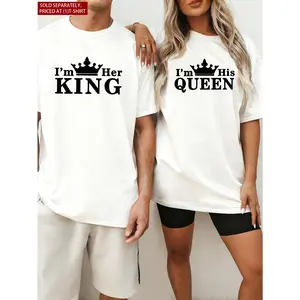 Couple Matching Tshirt King Queen Printed Short Sleeve Casual Tee for Valentine's Day Anniversary Dating Music Festival Campus Wear, Unisex Lovers Outfit Gift for Couples in Romantic Pairing, Single Tshirt