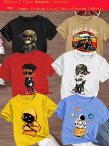 Boys Summer Casual T-Shirt with Cool Cartoon Prints, 6 Random Styles, Short Sleeve Comfortable Tees for Gift Giving