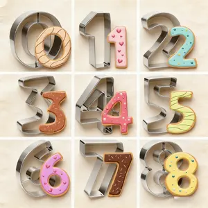 9-Piece Digital Cookie Die Set, Birthday Numbers Stainless Steel Baking Cutters for Home Cookies and Dough Shaping Tools with Fruit & Vegetable Embossing Molds