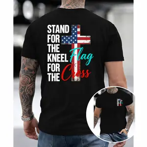 Graphic Design Tee with American Flag Cross and Statement Text