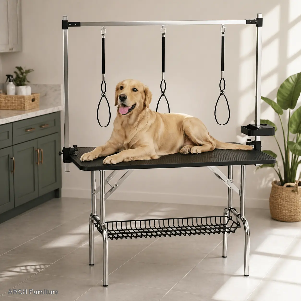 47-in Large Wood-Steel Foldable Dog Grooming Table with Foldable Legs, H-Frame Design, Adjustable Arm, 2 Noose Options, Mesh Tray, Tool Organizer, 38.30 lbs Capacity, Home Station That Reduces Strain & Enhances Control