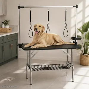 47-in Large Stainless Steel Foldable Dog Grooming Table - Height-Adjust Arms, Nooses, Mesh Tray, Tool Organizer, Height-Adjust Pet Grooming Station for Home Use to Ease Strain
