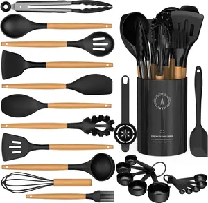 Cooking Utensils Set -  Kitchen Utensils for Cooking Wooden Handles, 446F Heat Resistant Kitchen Utensil Spatula Sets w Holder, Gadgets for Non-Stick Cookware  (Black)