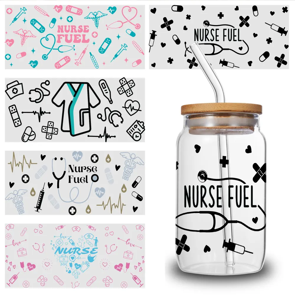 5 Pcs Assorted Size Nurse Fuel UV DTF Vinyl Transfer Stickers - Craft Embellishments with Good Elasticity, Anti-Fade Print, Hopeful Quotes Retro Halloween Bat Heart Designs for Room Decor, Cup Wraps to Improve Hands-On Skills