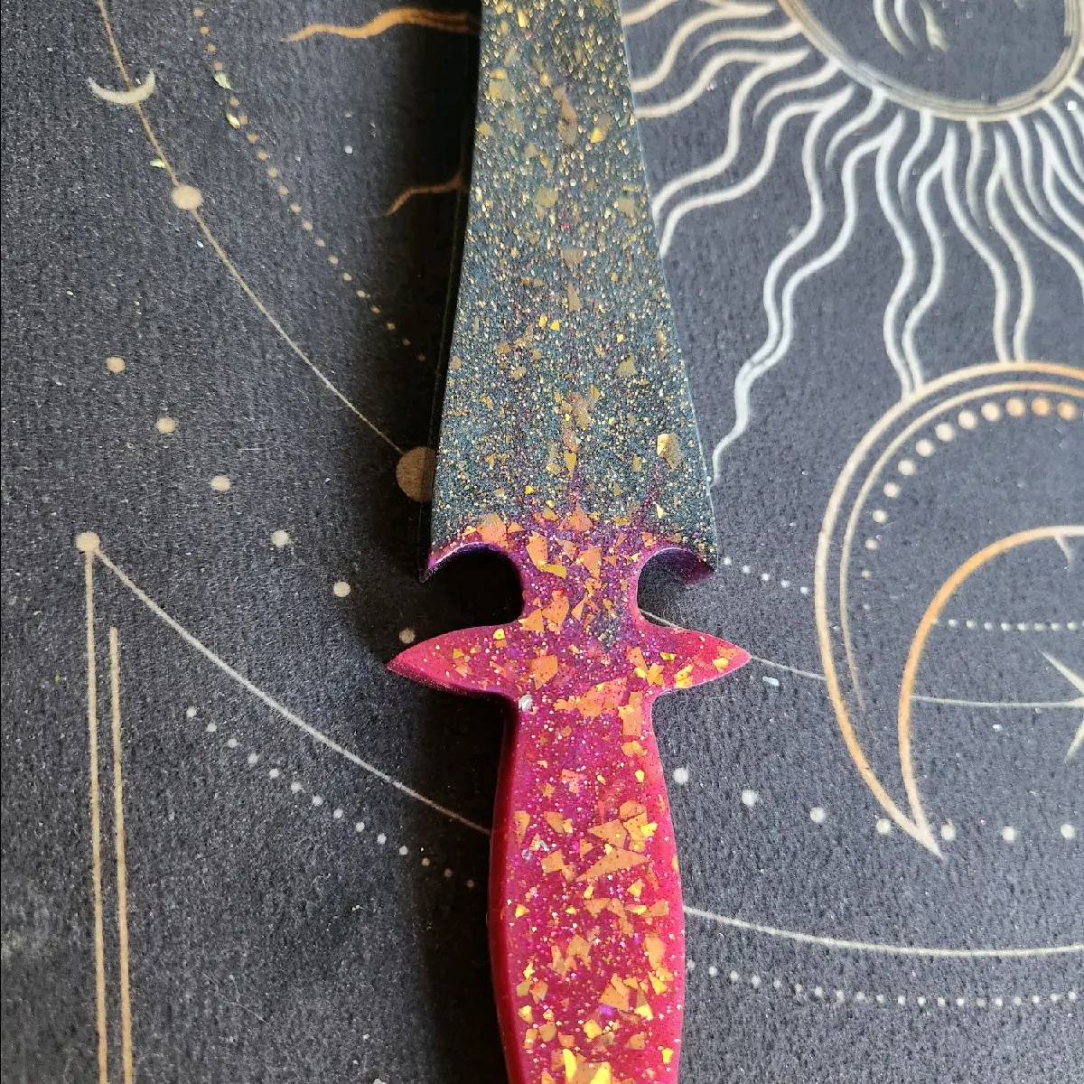 Pink and Black Glitter Resin Dagger Prop Athame with Gold Flakes Decor Light Ornaments