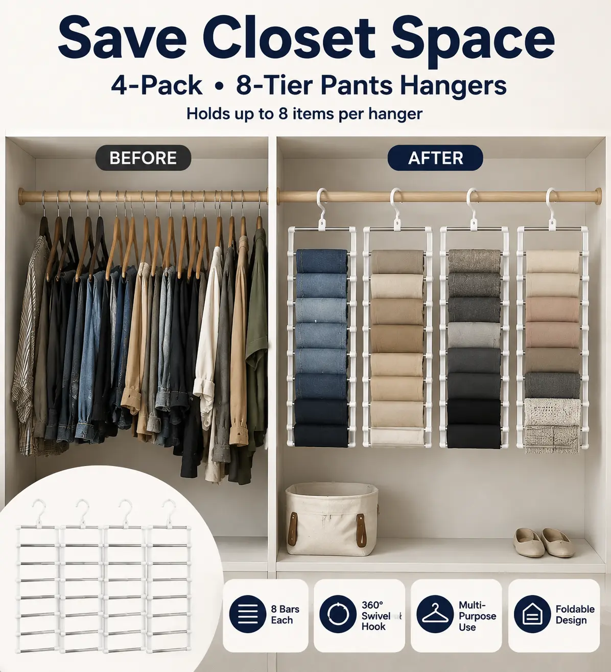 4-Pack Folding Hanging Pants Hanger Rack - 8-Bar Multi-Layer 54 cm × 36 cm Space-Saving Closet Organizer, Keeps Clothing in Place for Jeans, Slacks, Towels