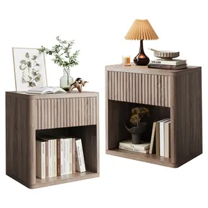 Fluted Nightstand Set of 2, Mid Century Modern Wood Bedside Table with Drawer & Open Shelf, Walnut End Table for Bedroom